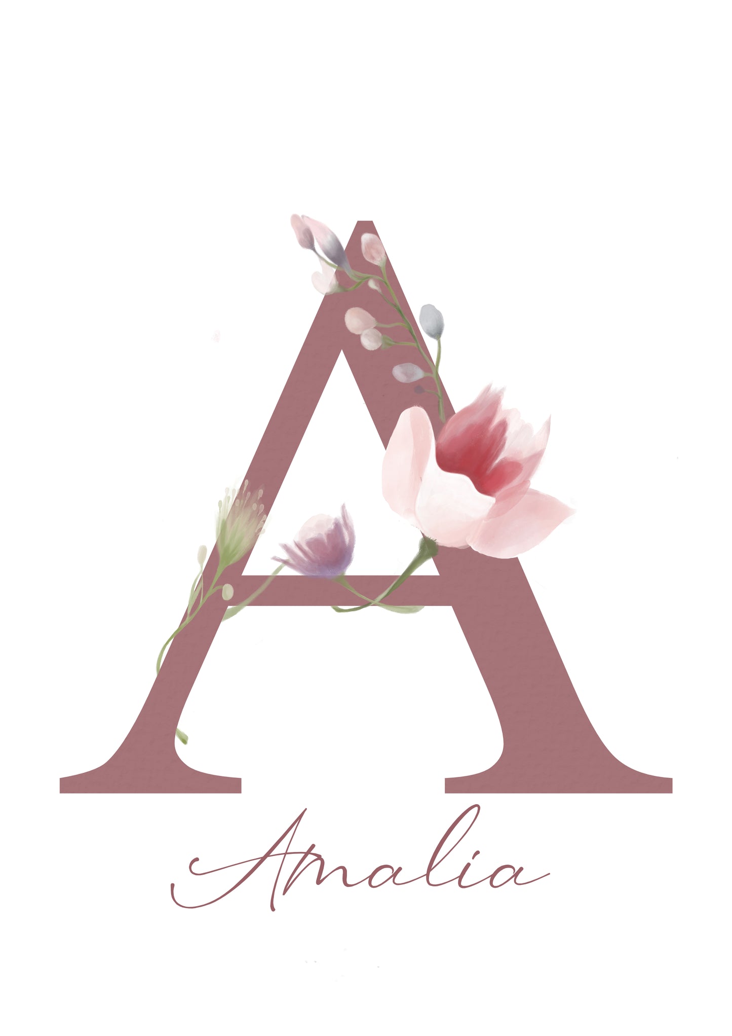 Letter A, girls room, floral, name art poster